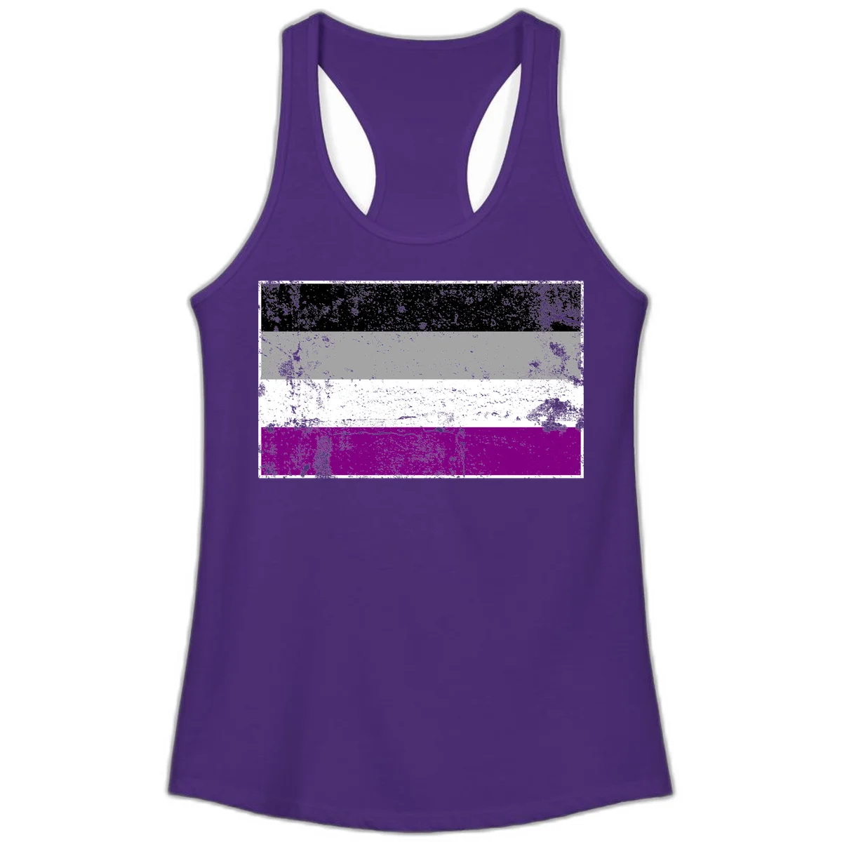 Distressed asexual pride flag with black, gray, white, and purple horizontal stripes with grunge texture overlay in Solid Purple Rush