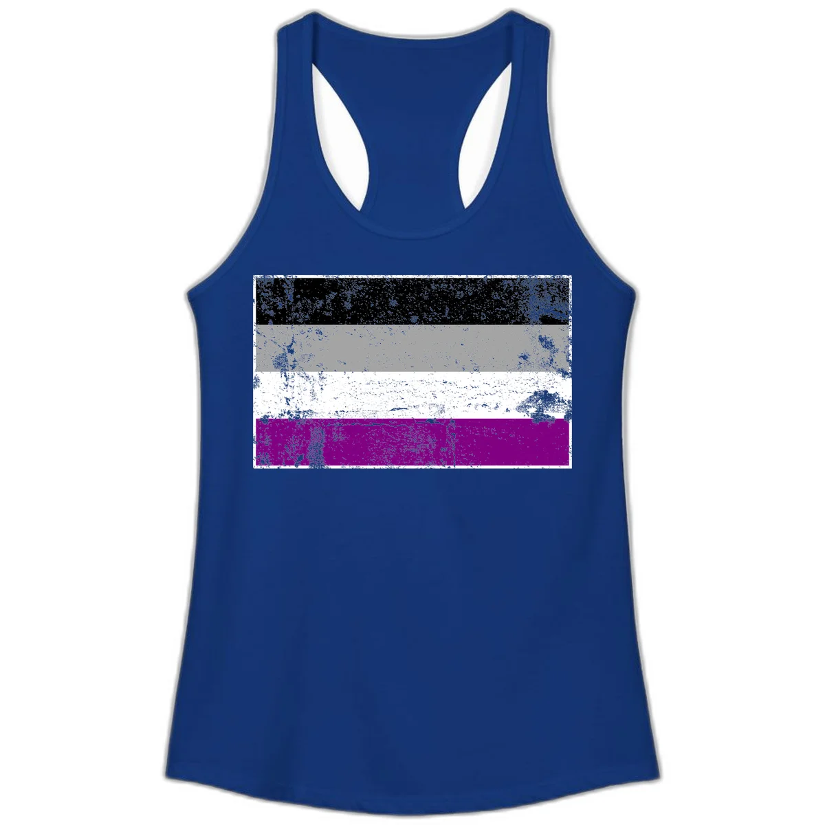 Distressed asexual pride flag with black, gray, white, and purple horizontal stripes with grunge texture overlay in Solid Royal