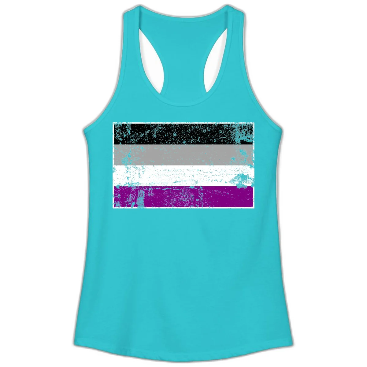 Distressed asexual pride flag with black, gray, white, and purple horizontal stripes with grunge texture overlay in Solid Tahiti Blue