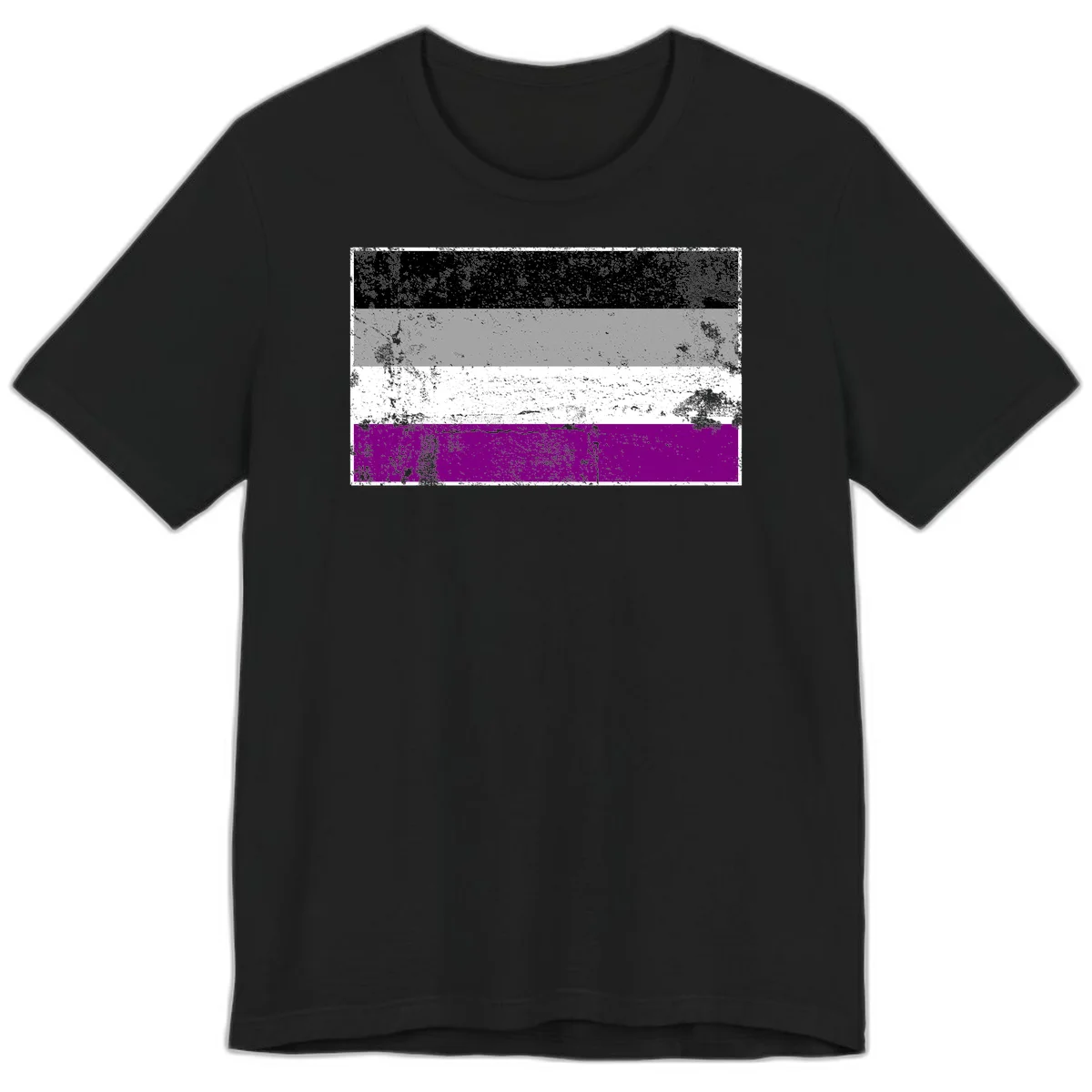 Distressed asexual pride flag with black, gray, white, and purple horizontal stripes with grunge texture overlay in Black