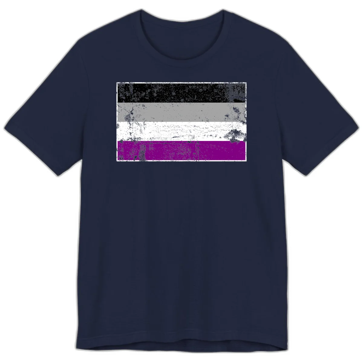 Distressed asexual pride flag with black, gray, white, and purple horizontal stripes with grunge texture overlay in Navy