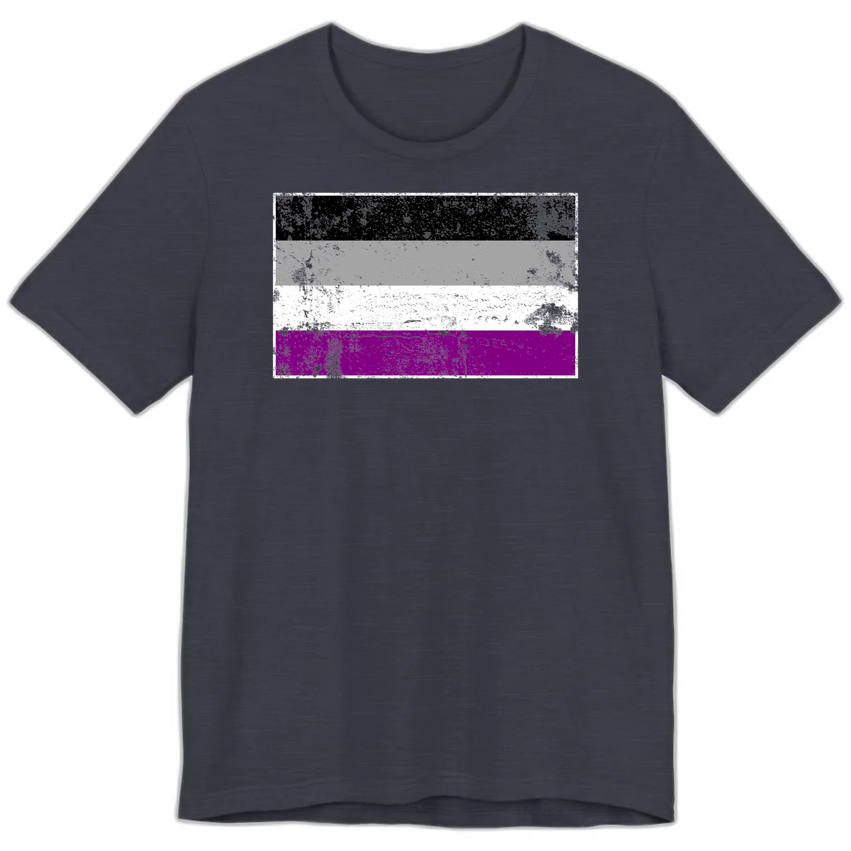 Distressed asexual pride flag with black, gray, white, and purple horizontal stripes with grunge texture overlay in Heather Midnight Navy