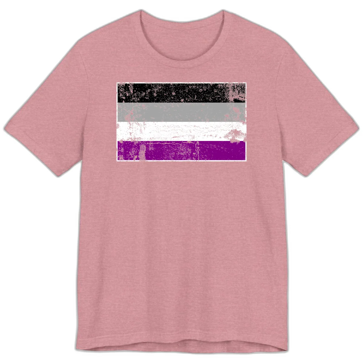 Distressed asexual pride flag with black, gray, white, and purple horizontal stripes with grunge texture overlay in Heather Orchid