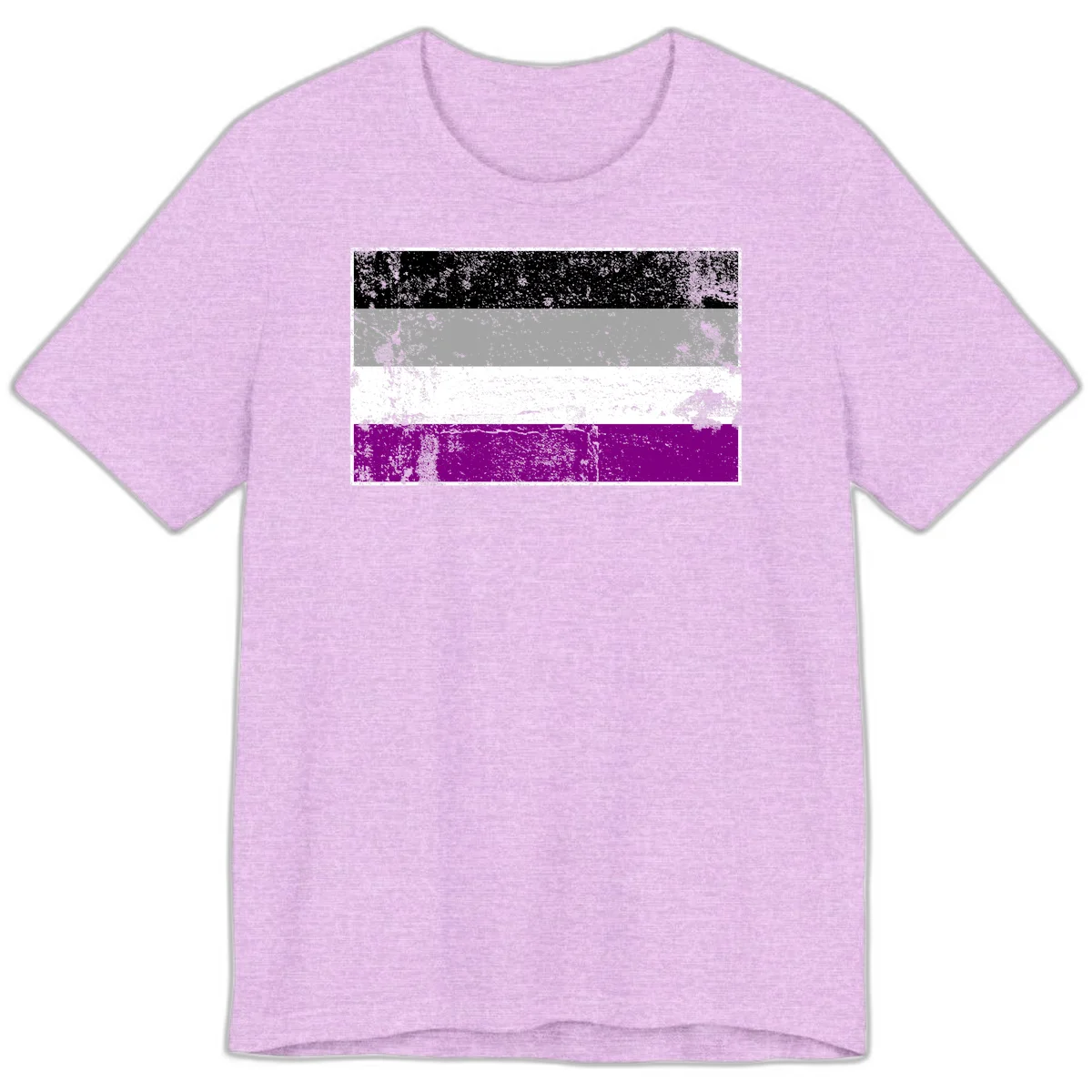 Distressed asexual pride flag with black, gray, white, and purple horizontal stripes with grunge texture overlay in Heather Prism Lilac