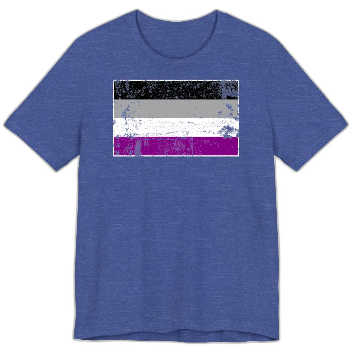 Distressed asexual pride flag with black, gray, white, and purple horizontal stripes with grunge texture overlay in Heather True Royal