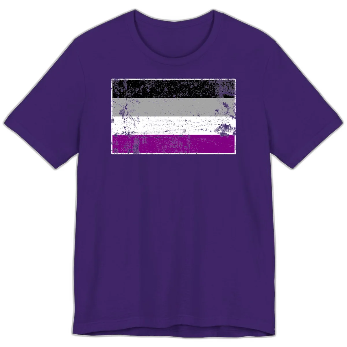 Distressed asexual pride flag with black, gray, white, and purple horizontal stripes with grunge texture overlay in Team Purple
