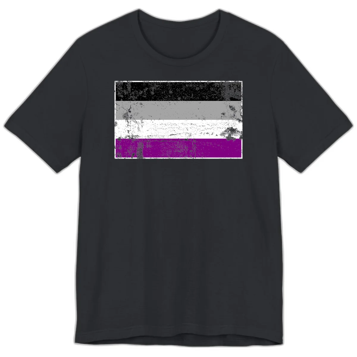 Distressed asexual pride flag with black, gray, white, and purple horizontal stripes with grunge texture overlay in Vintage Black