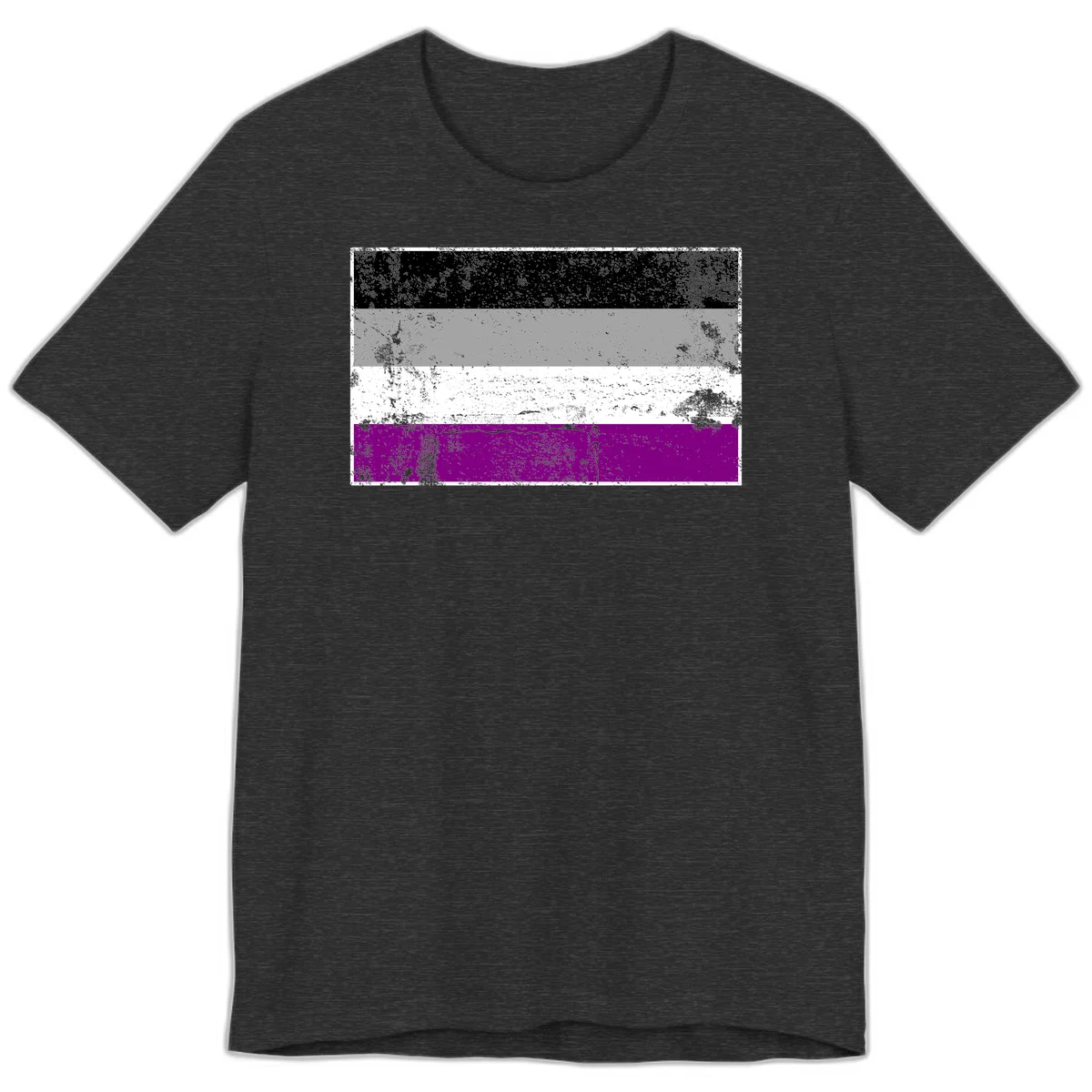 Distressed asexual pride flag with black, gray, white, and purple horizontal stripes with grunge texture overlay in Dark Grey Heather