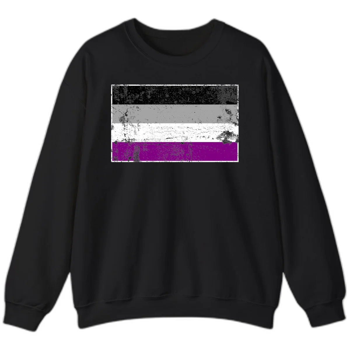 Distressed asexual pride flag with black, gray, white, and purple horizontal stripes with grunge texture overlay in Black