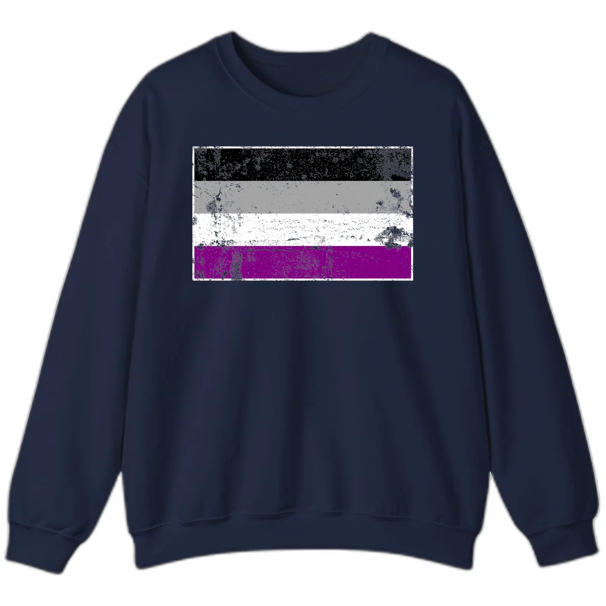Distressed asexual pride flag with black, gray, white, and purple horizontal stripes with grunge texture overlay in Navy