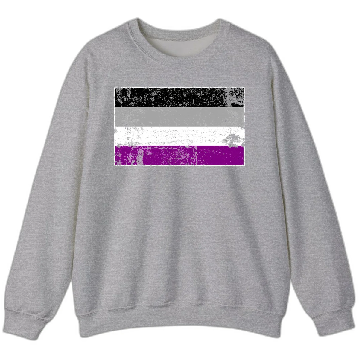 Distressed asexual pride flag with black, gray, white, and purple horizontal stripes with grunge texture overlay in Sport Grey