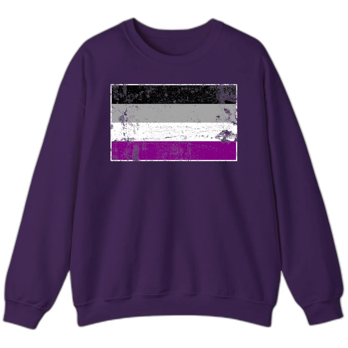 Distressed asexual pride flag with black, gray, white, and purple horizontal stripes with grunge texture overlay in Purple