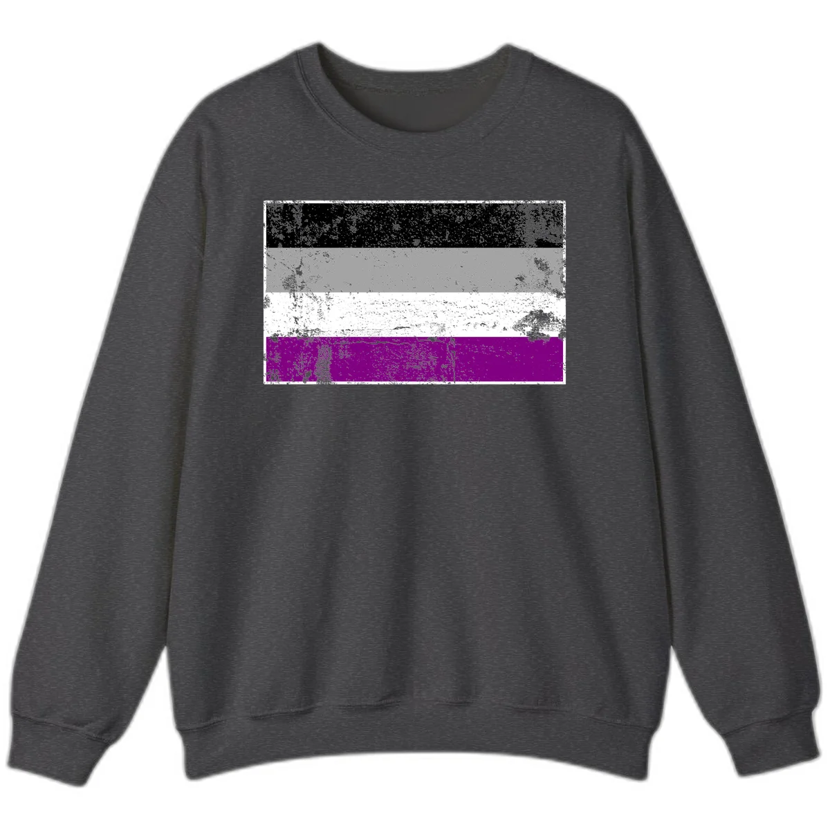 Distressed asexual pride flag with black, gray, white, and purple horizontal stripes with grunge texture overlay in Dark Heather