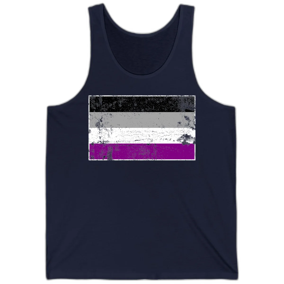 Distressed asexual pride flag with black, gray, white, and purple horizontal stripes with grunge texture overlay in Navy