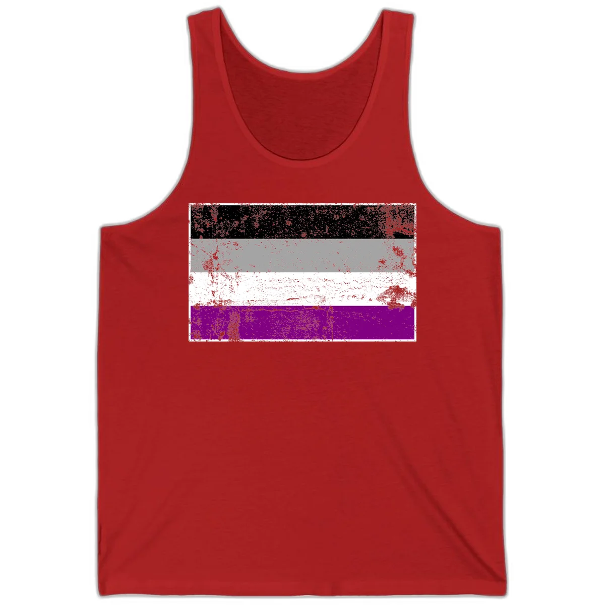 Distressed asexual pride flag with black, gray, white, and purple horizontal stripes with grunge texture overlay in Red