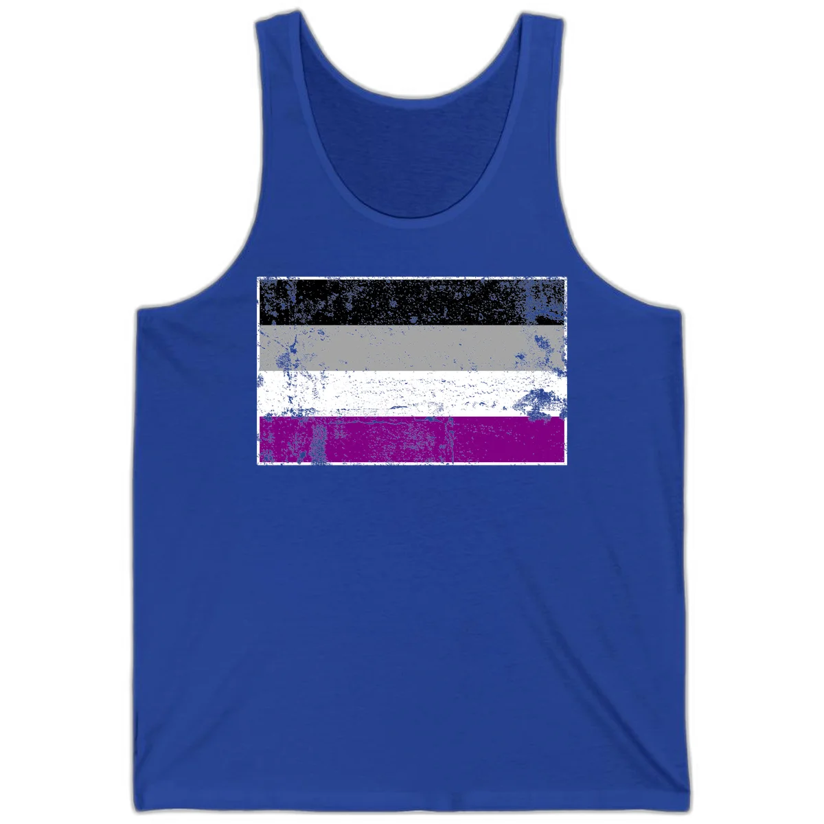 Distressed asexual pride flag with black, gray, white, and purple horizontal stripes with grunge texture overlay in True Royal
