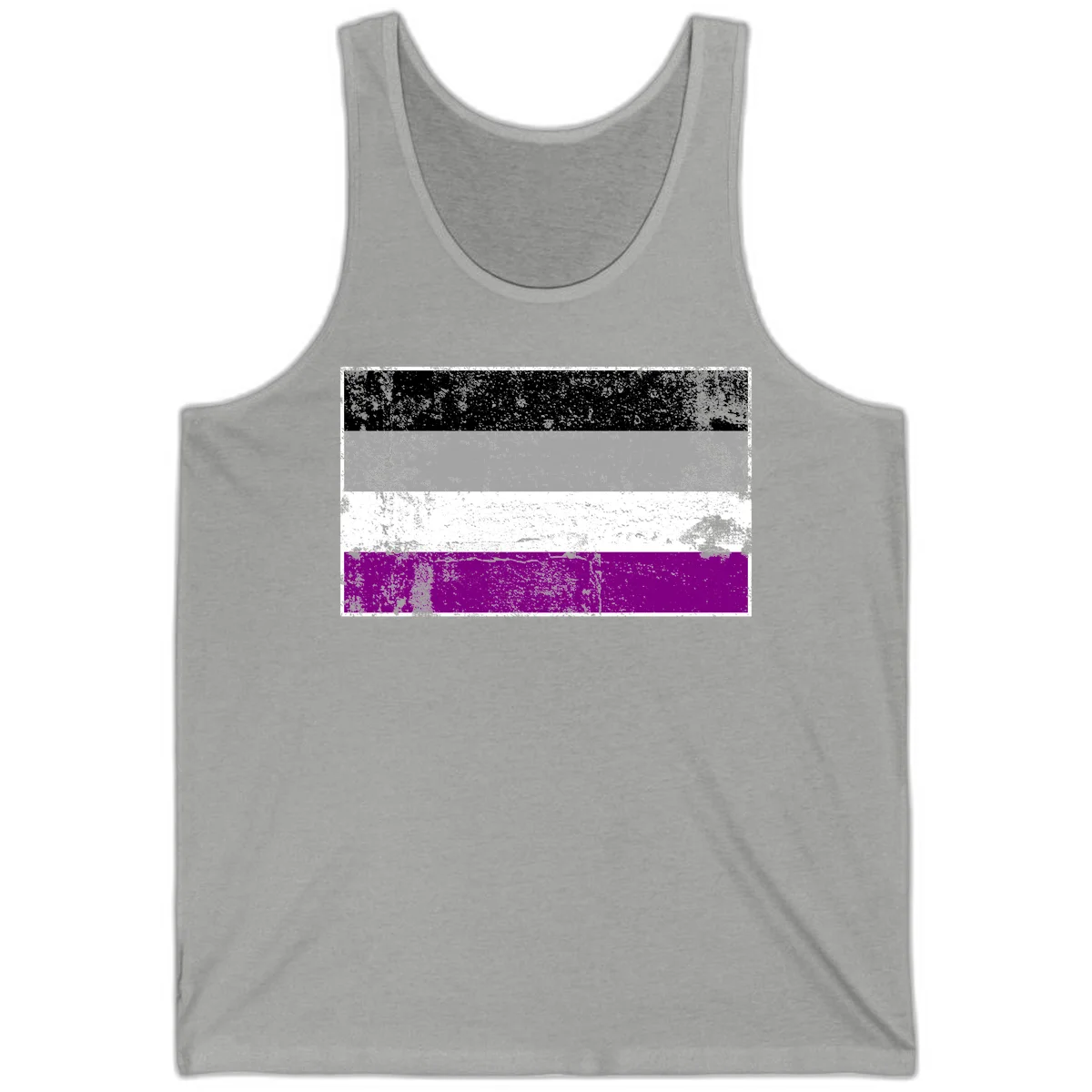 Distressed asexual pride flag with black, gray, white, and purple horizontal stripes with grunge texture overlay in Athletic Heather