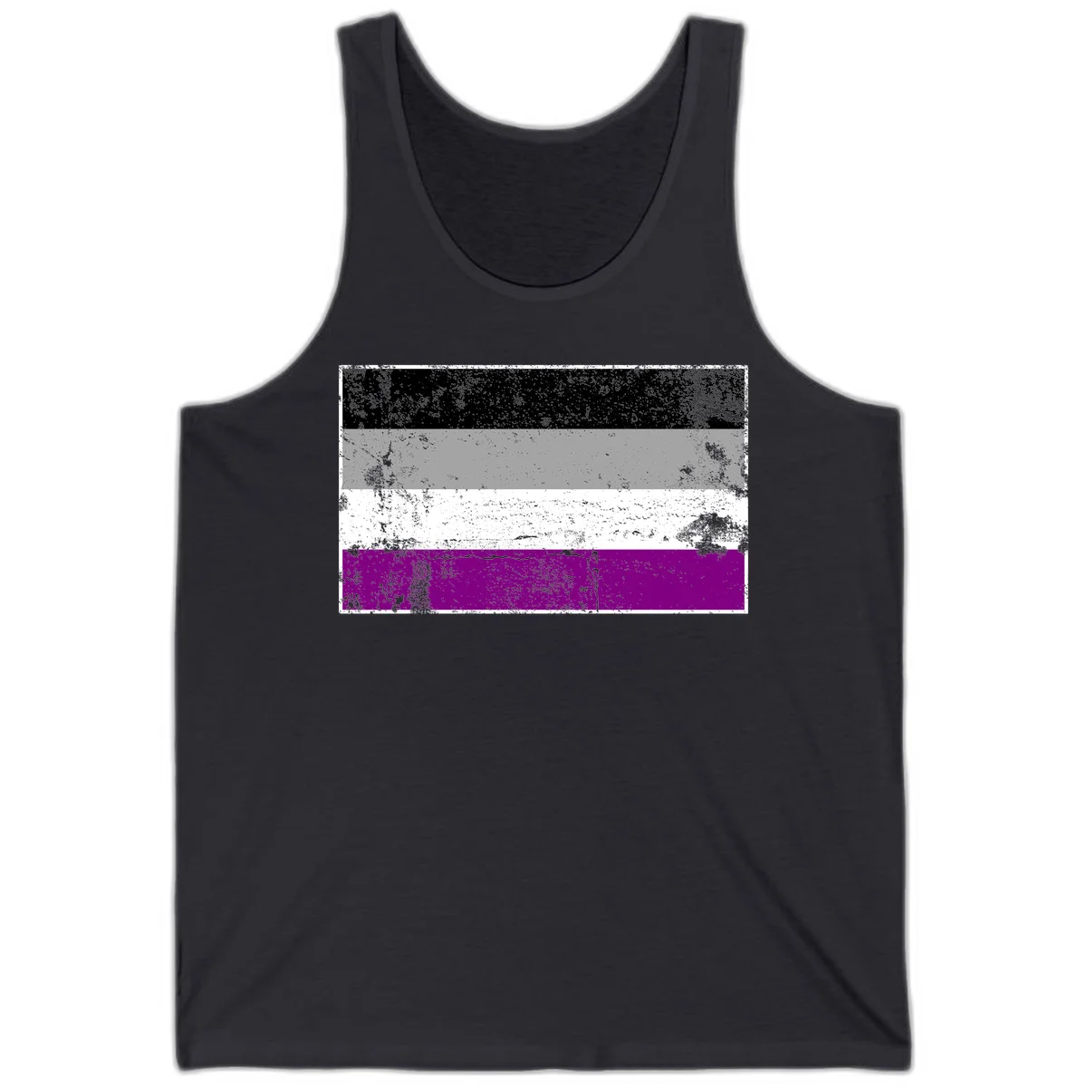 Distressed asexual pride flag with black, gray, white, and purple horizontal stripes with grunge texture overlay in Dark Grey