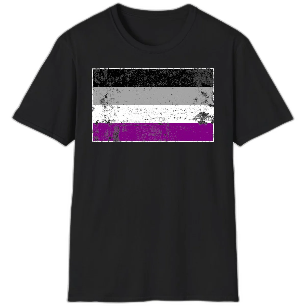 Distressed asexual pride flag with black, gray, white, and purple horizontal stripes with grunge texture overlay in Black