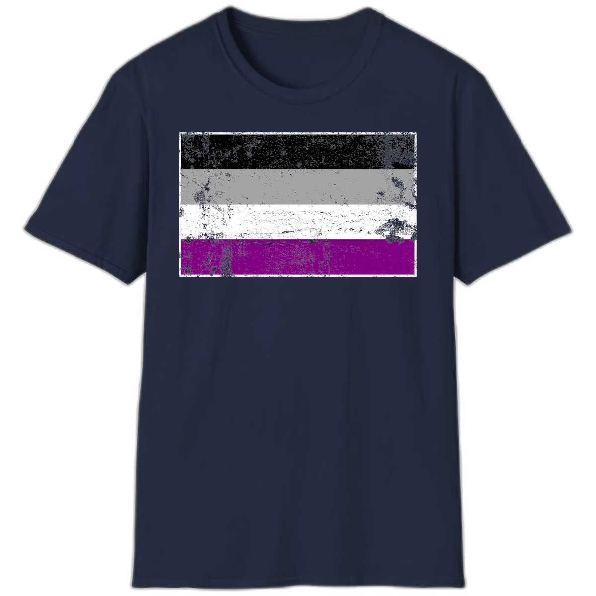 Distressed asexual pride flag with black, gray, white, and purple horizontal stripes with grunge texture overlay in Navy
