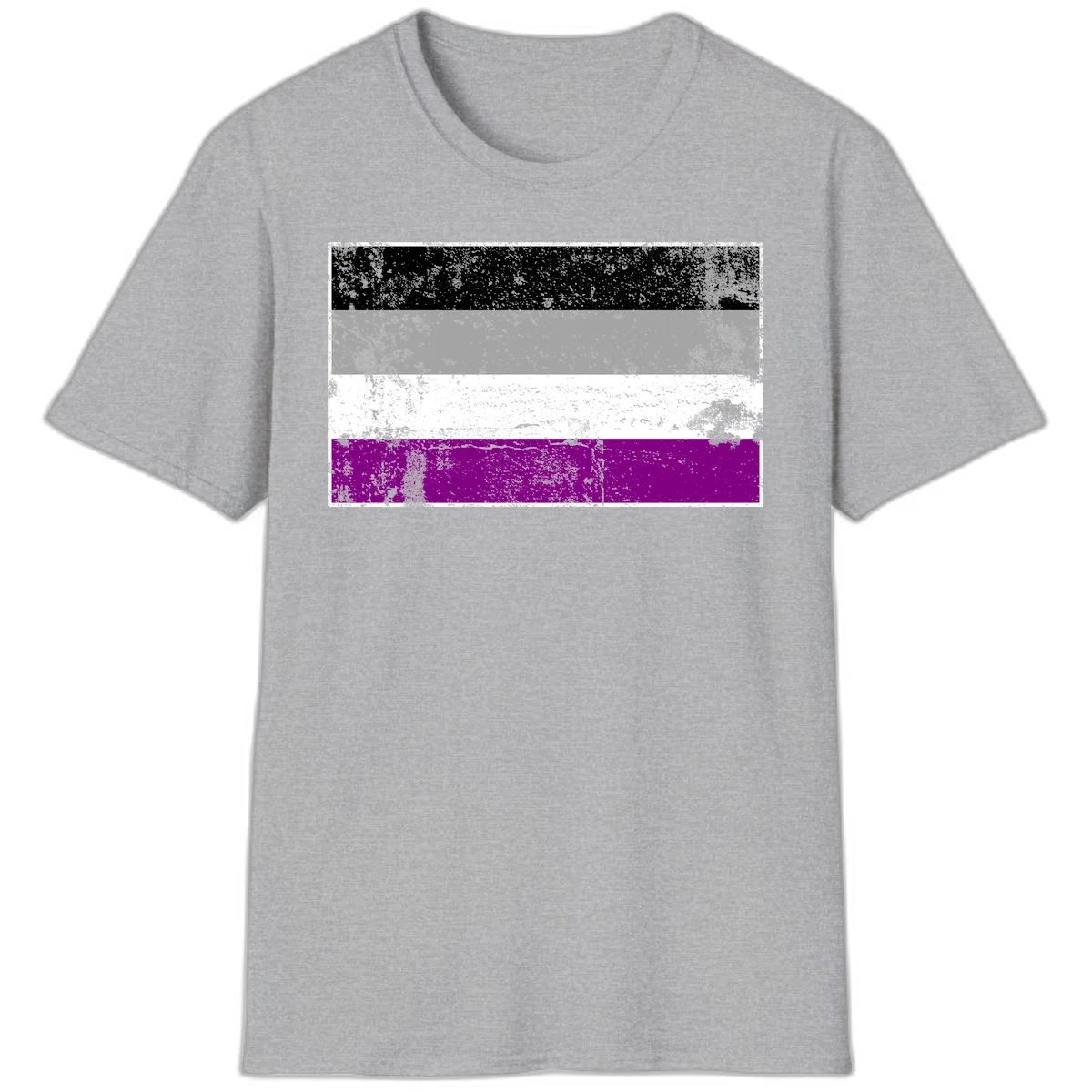 Distressed asexual pride flag with black, gray, white, and purple horizontal stripes with grunge texture overlay in Sport Grey