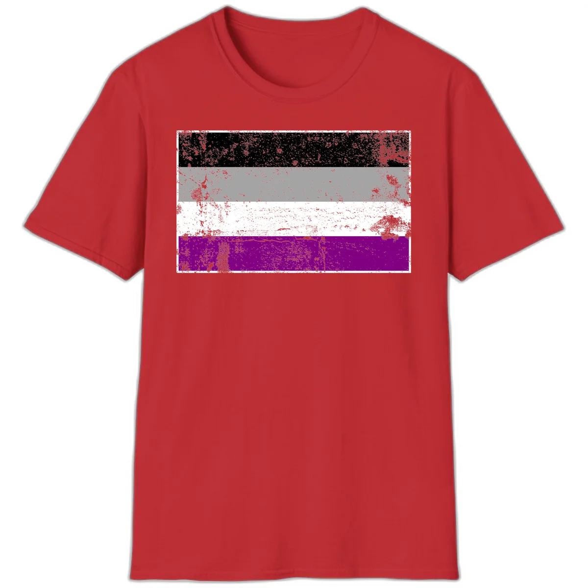 Distressed asexual pride flag with black, gray, white, and purple horizontal stripes with grunge texture overlay in Red