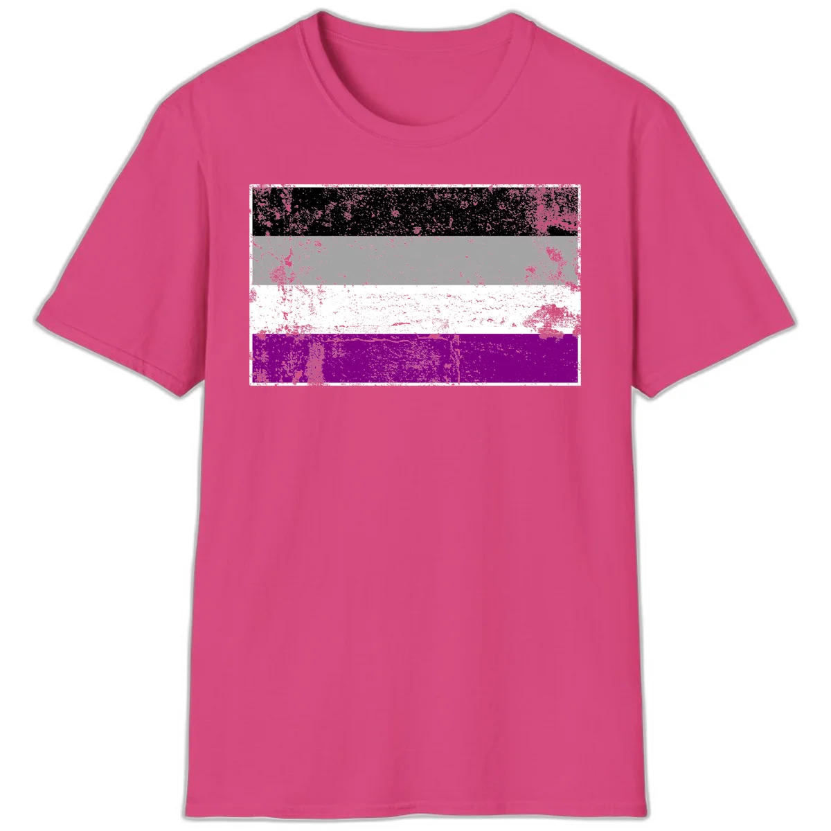 Distressed asexual pride flag with black, gray, white, and purple horizontal stripes with grunge texture overlay in Heliconia
