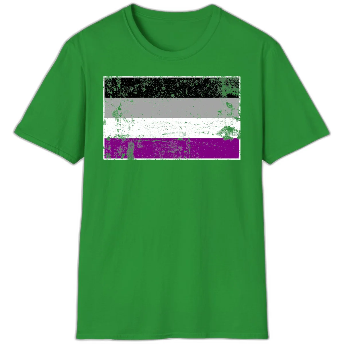 Distressed asexual pride flag with black, gray, white, and purple horizontal stripes with grunge texture overlay in Irish Green