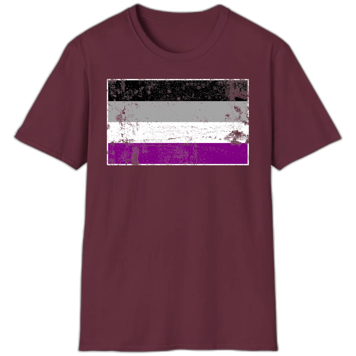 Distressed asexual pride flag with black, gray, white, and purple horizontal stripes with grunge texture overlay in Maroon