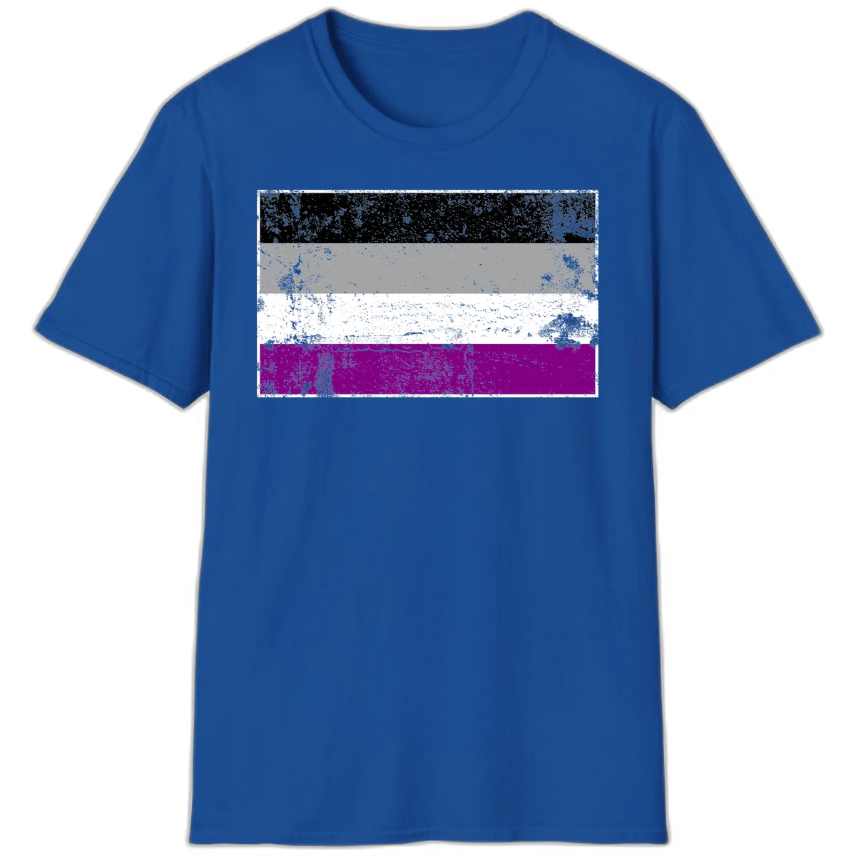 Distressed asexual pride flag with black, gray, white, and purple horizontal stripes with grunge texture overlay in Royal