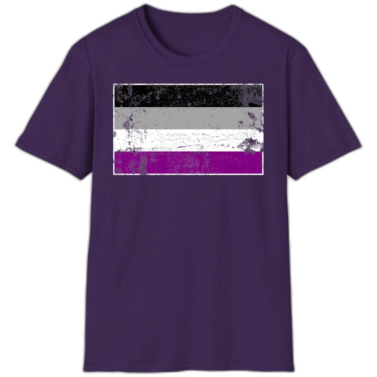 Distressed asexual pride flag with black, gray, white, and purple horizontal stripes with grunge texture overlay in Purple