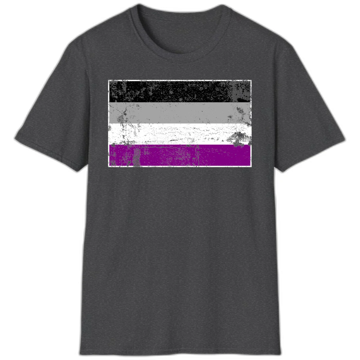 Distressed asexual pride flag with black, gray, white, and purple horizontal stripes with grunge texture overlay in Dark Heather