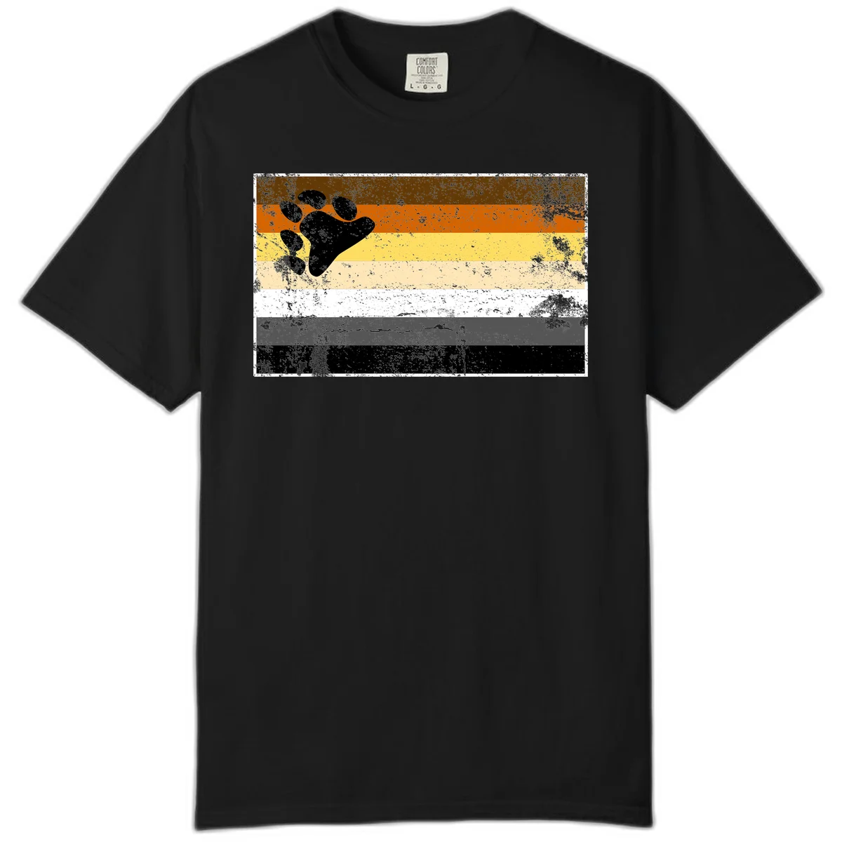Black bear paw print on distressed horizontal striped pride flag in brown, orange, yellow, tan, white, gray and black colors in Black