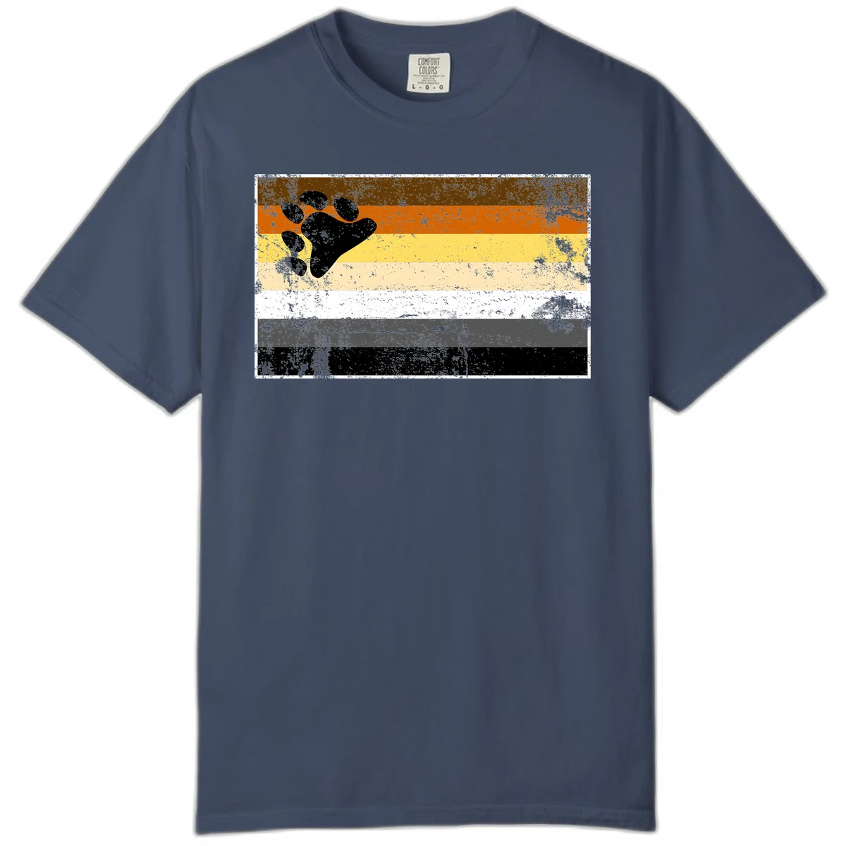 Black bear paw print on distressed horizontal striped pride flag in brown, orange, yellow, tan, white, gray and black colors in Midnight