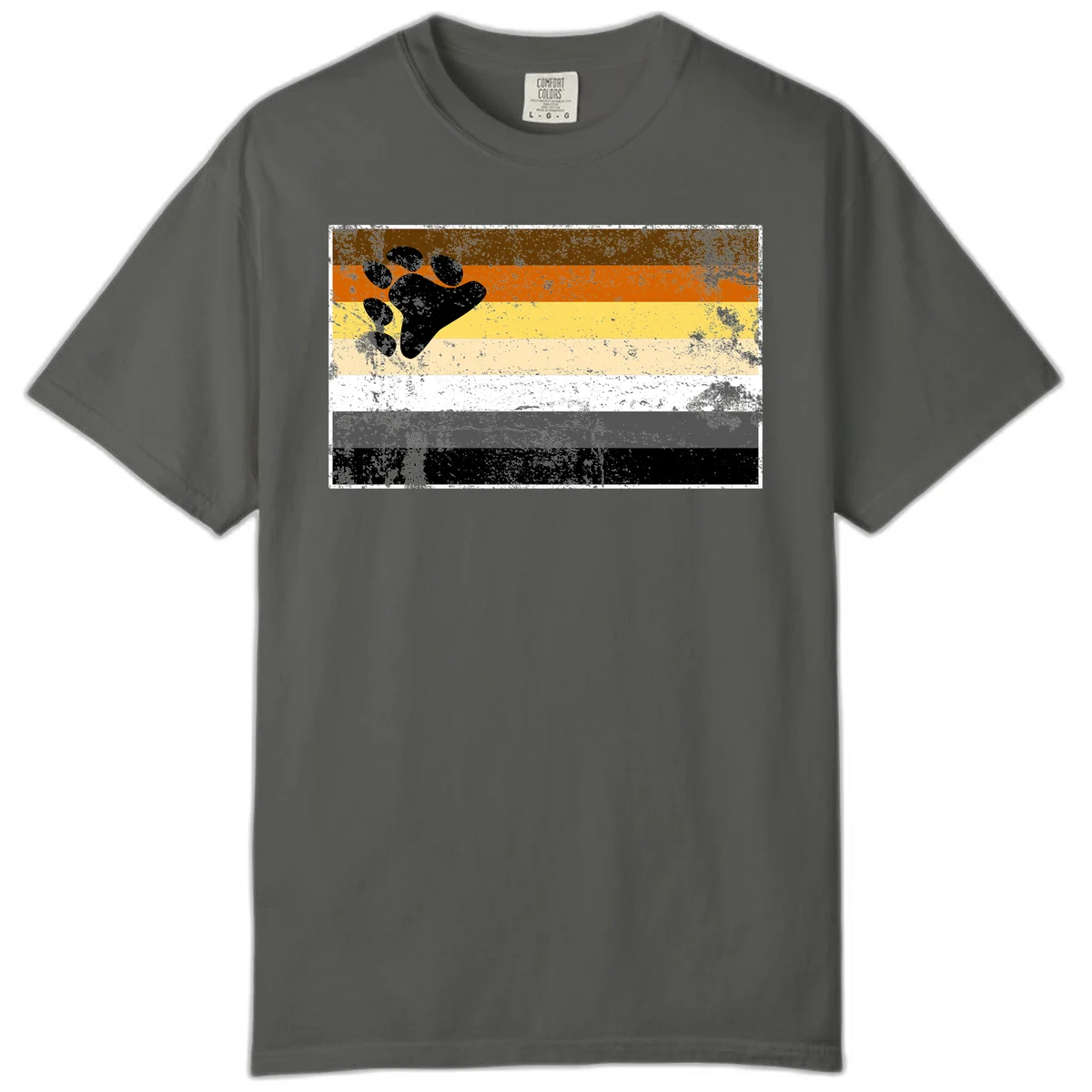 Black bear paw print on distressed horizontal striped pride flag in brown, orange, yellow, tan, white, gray and black colors in Pepper