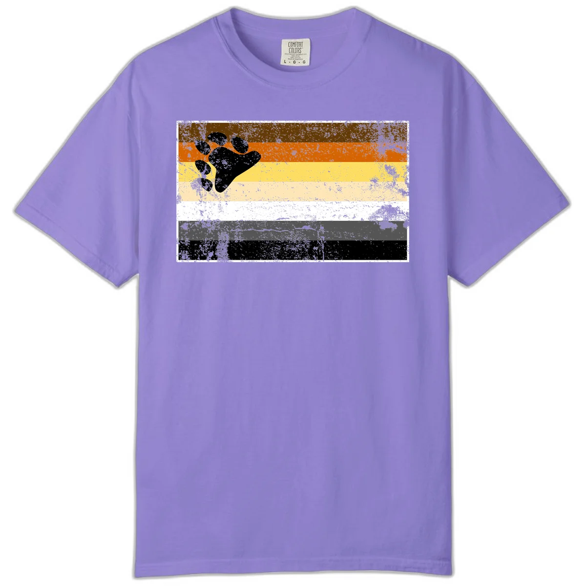 Black bear paw print on distressed horizontal striped pride flag in brown, orange, yellow, tan, white, gray and black colors in Violet
