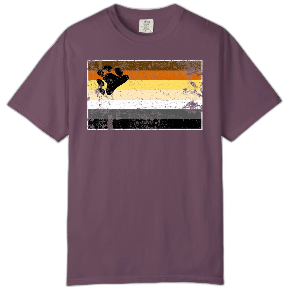 Black bear paw print on distressed horizontal striped pride flag in brown, orange, yellow, tan, white, gray and black colors in Berry