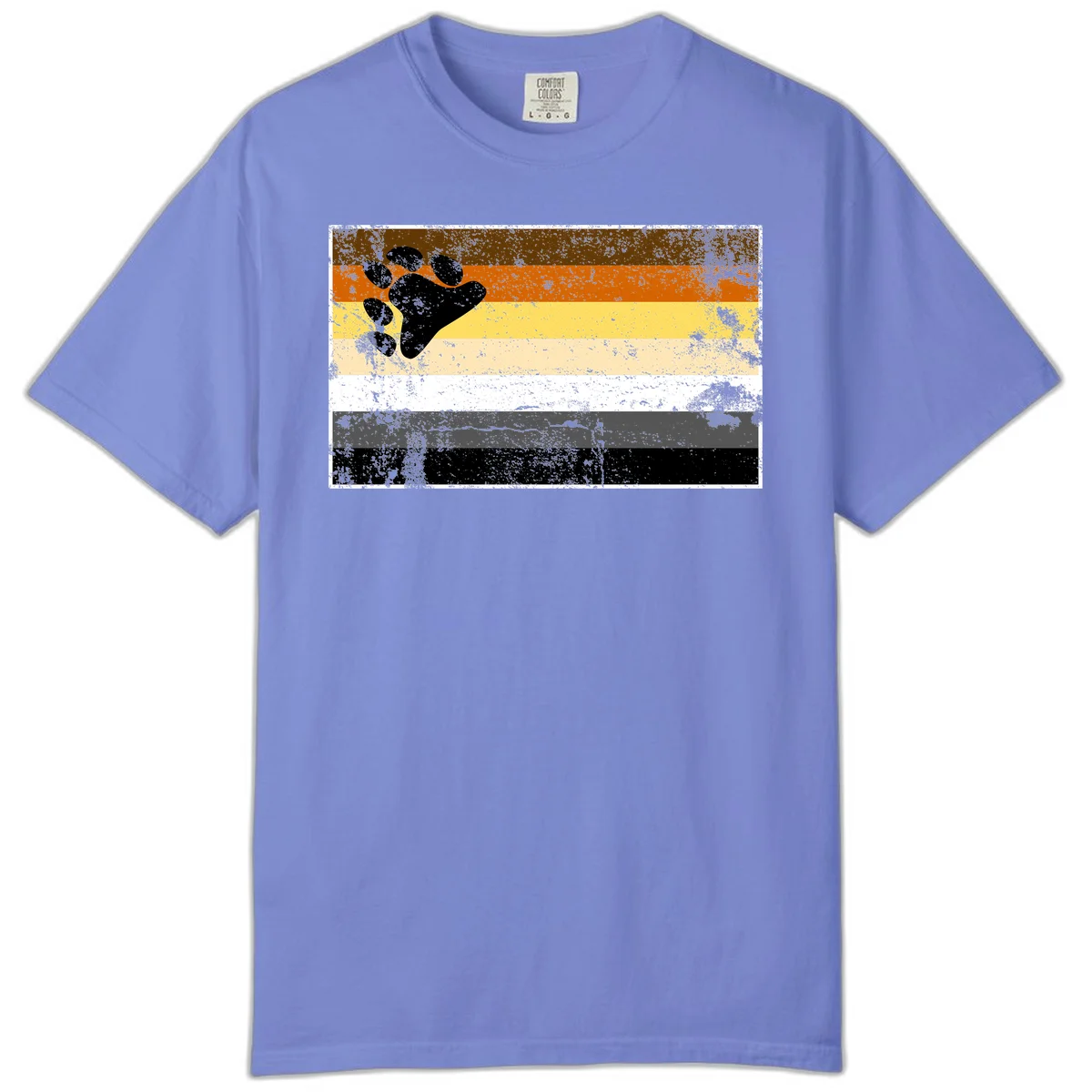 Black bear paw print on distressed horizontal striped pride flag in brown, orange, yellow, tan, white, gray and black colors in Flo Blue