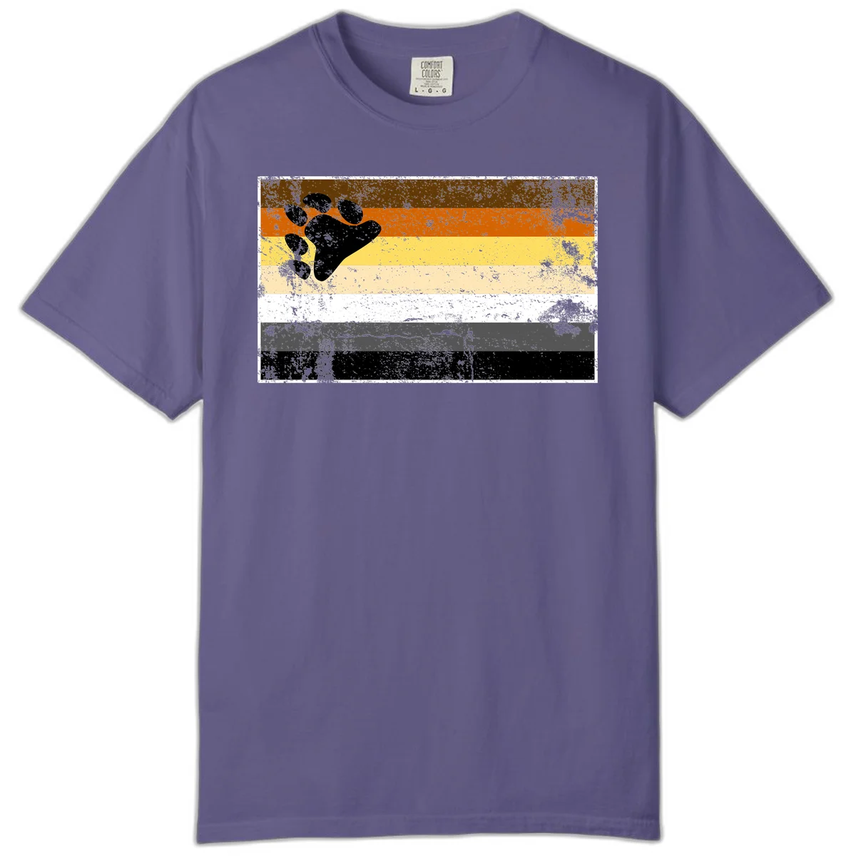 Black bear paw print on distressed horizontal striped pride flag in brown, orange, yellow, tan, white, gray and black colors in Grape