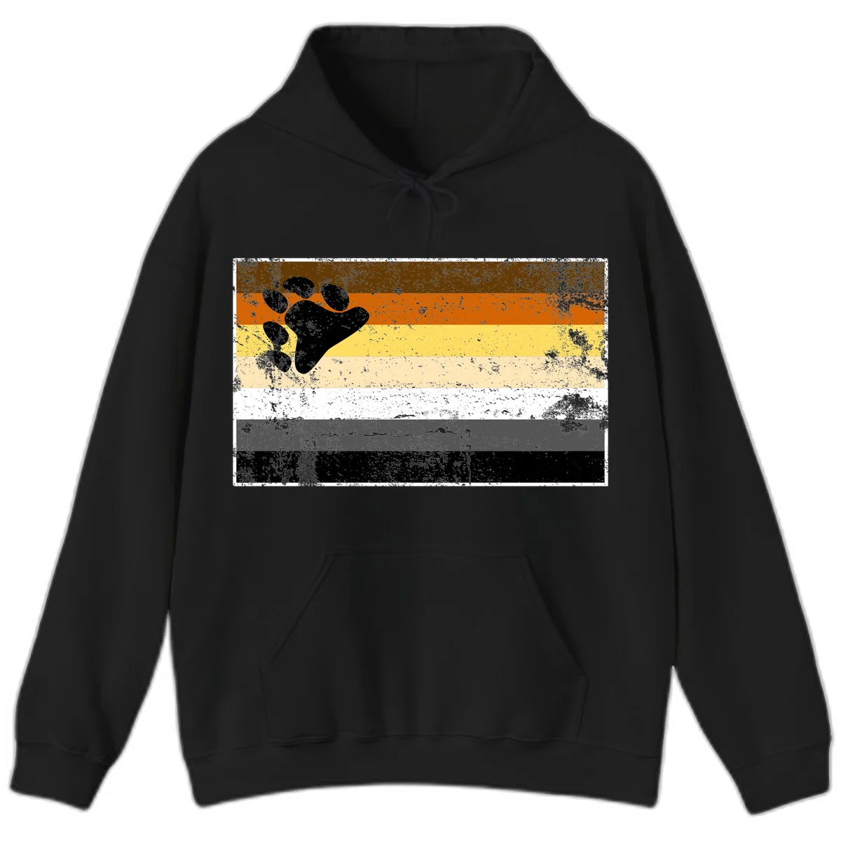 Black bear paw print on distressed horizontal striped pride flag in brown, orange, yellow, tan, white, gray and black colors in Black
