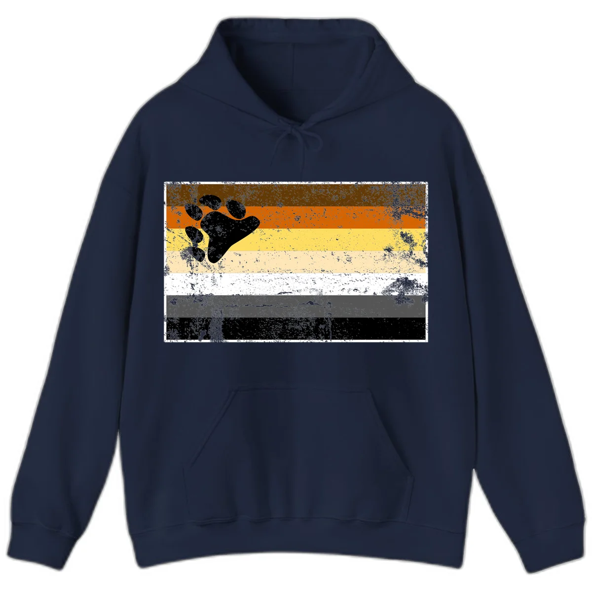 Black bear paw print on distressed horizontal striped pride flag in brown, orange, yellow, tan, white, gray and black colors in Navy