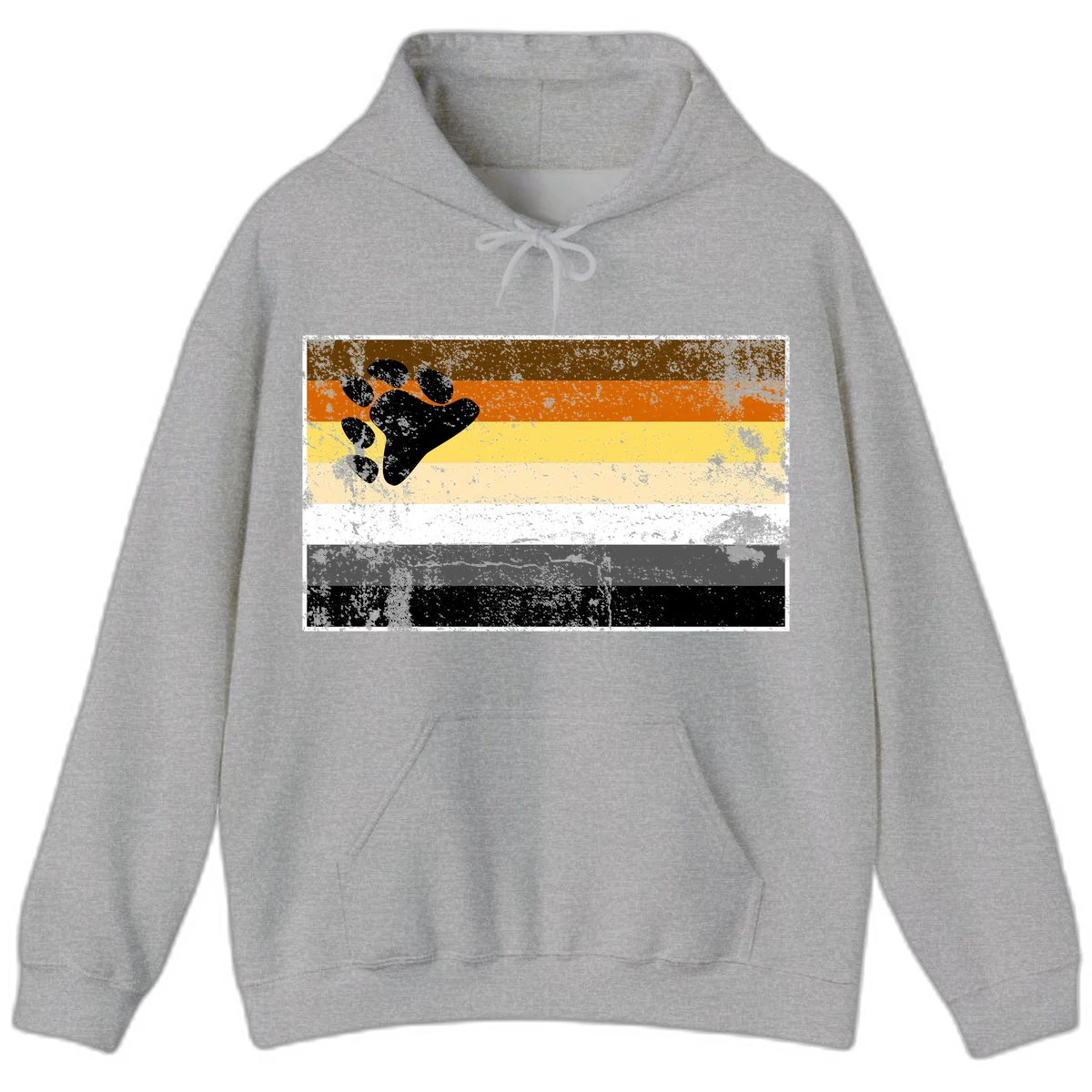 Black bear paw print on distressed horizontal striped pride flag in brown, orange, yellow, tan, white, gray and black colors in Sport Grey