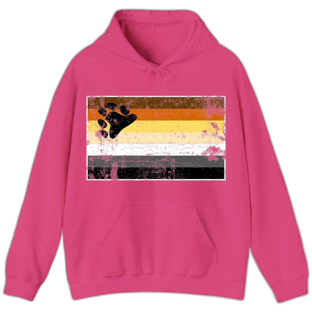 Black bear paw print on distressed horizontal striped pride flag in brown, orange, yellow, tan, white, gray and black colors in Heliconia