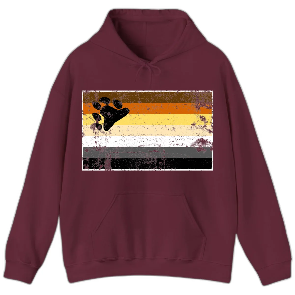 Black bear paw print on distressed horizontal striped pride flag in brown, orange, yellow, tan, white, gray and black colors in Maroon