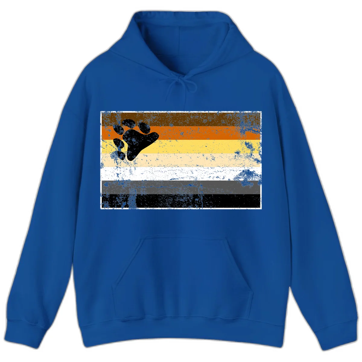 Black bear paw print on distressed horizontal striped pride flag in brown, orange, yellow, tan, white, gray and black colors in Royal