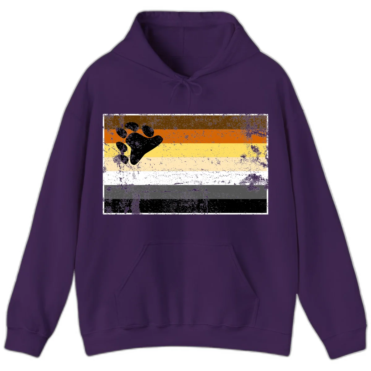 Black bear paw print on distressed horizontal striped pride flag in brown, orange, yellow, tan, white, gray and black colors in Purple