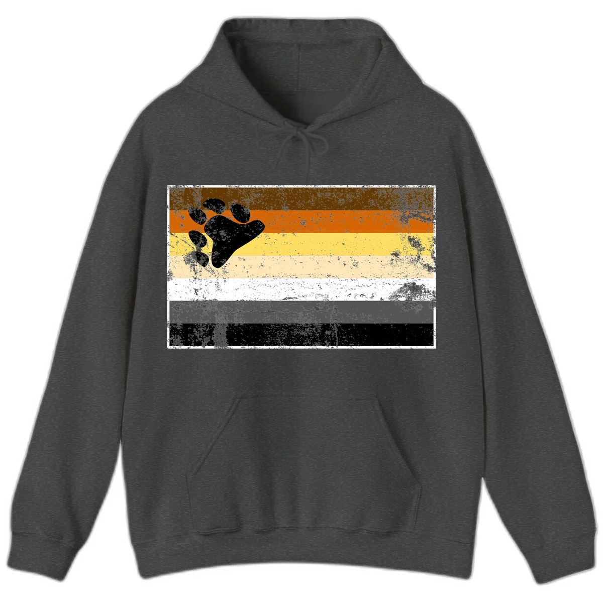 Black bear paw print on distressed horizontal striped pride flag in brown, orange, yellow, tan, white, gray and black colors in Dark Heather