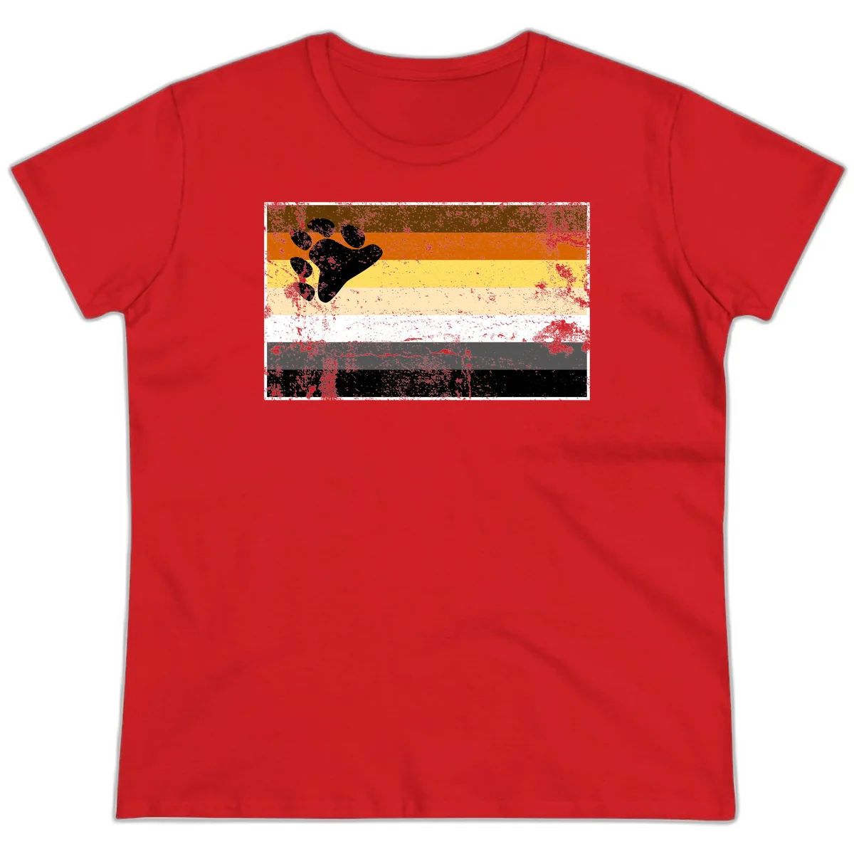 Black bear paw print on distressed horizontal striped pride flag in brown, orange, yellow, tan, white, gray and black colors in Red