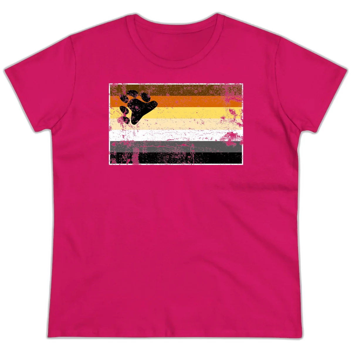 Black bear paw print on distressed horizontal striped pride flag in brown, orange, yellow, tan, white, gray and black colors in Heliconia