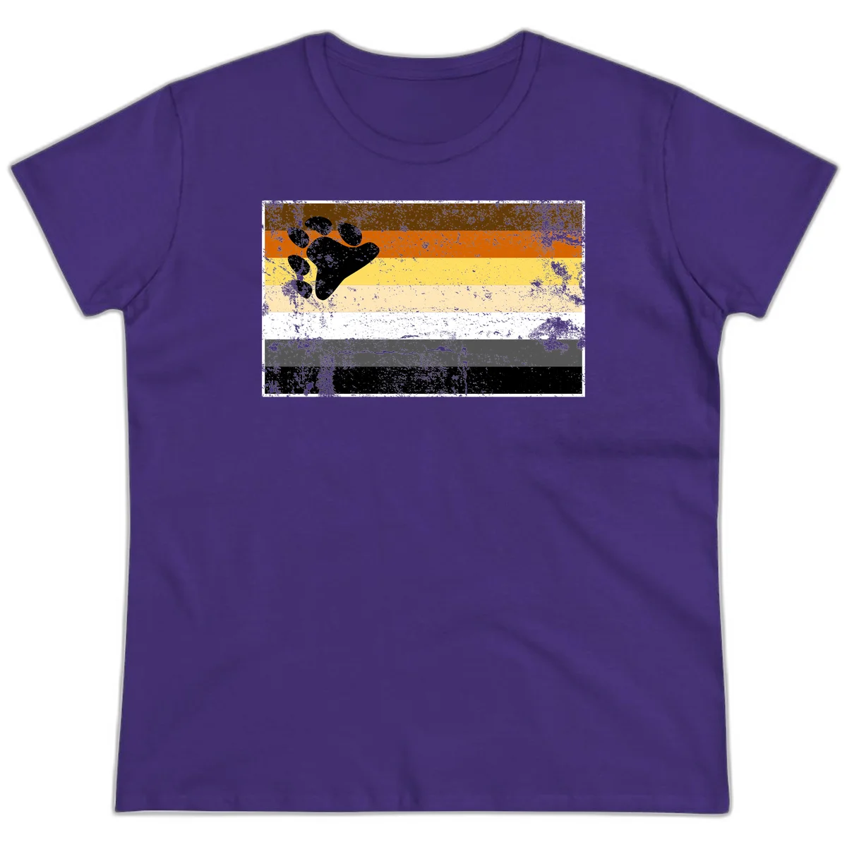 Black bear paw print on distressed horizontal striped pride flag in brown, orange, yellow, tan, white, gray and black colors in Purple